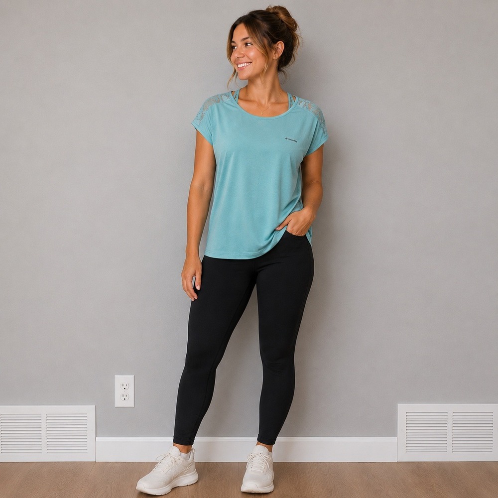 Columbia Womens Teal Mesh Back Keyhole Activewear Top Short Sleeve Hiking Shirt